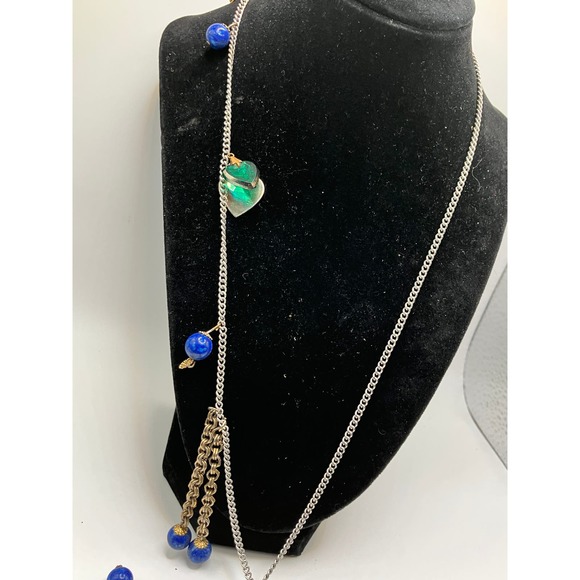 Hearts Charms Green Rectangle Glass Pendant Blue Sodalite Beads Chain Necklace! - Picture 5 of 8